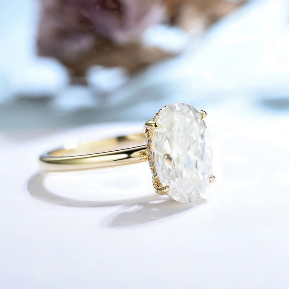 Certified 3ct. t.w. Moissanite Diamond Oval Crushed Ice 10K Yellow Gold Ring NEW - Picture 7 of 14